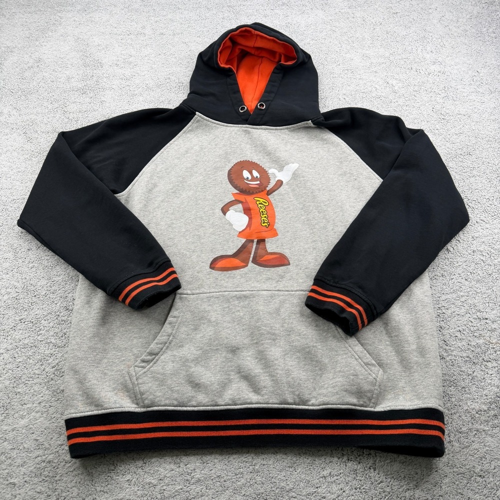 Reeses Peanut Butter Cup Hoodie Mens Medium Gray Hershey Park Fleece Sweatshirt